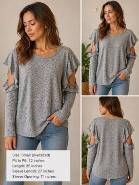Grey Marled Cold Shoulder Top – Size Small (Oversized Fit)